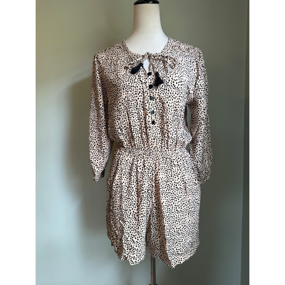 Beachgold anthro Dot Romper Tan Black‎ Tassel boho whimsi resort dainty y2k XSP
